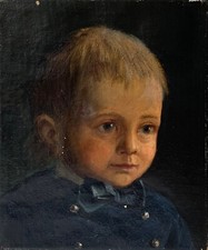 Piccola Pittura A Olio Ritratto Bambini Testa Ragazzo 30 X 25 Cm