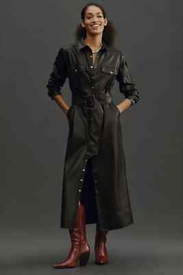 NEW Pilcro Size S Long-Sleeve Faux Leather Belted Midi Dress - Black | eBay