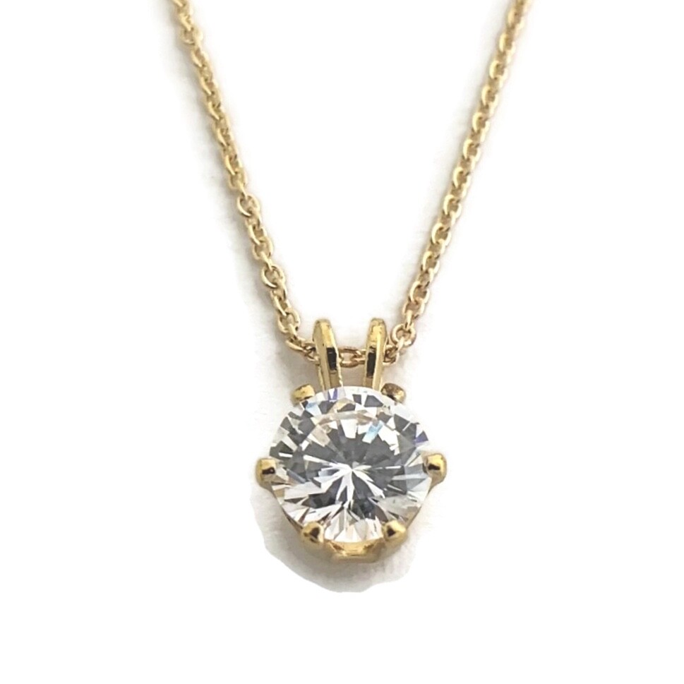 Vintage CZ Cubic Zirconia Solitaire Pendant Necklace 14K Yellow Gold, 2.24 Gram