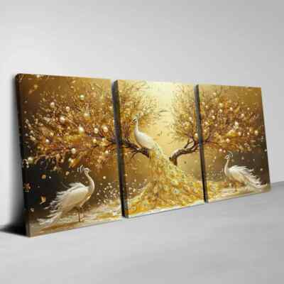 3pcs Enchanting Golden Tree Of Life Peacock Wall Art Canvas Unframed/Framed