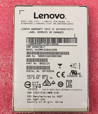 LENOVO 00MP650 HUSMM1620ASS200 200GB 2.5'' SAS V7000 G2 FLASH DRIVE 0B32125 NEW! 