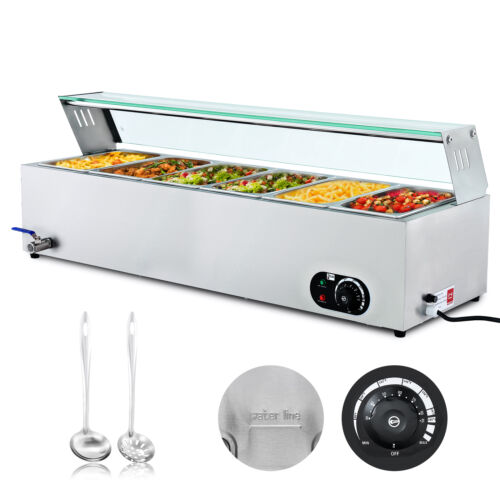 Wilprep 1200W Commercial Food Warmer 6Pan 39qt Bain Marie Steam Table Countertop