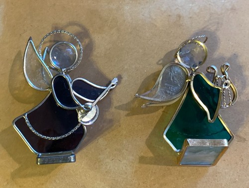 2 Different 5" Handmade Stained Glass &Metal Framed Angel Figurines on Platforms - Picture 2 of 5