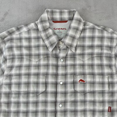 Simms Big Sky Fishing Shirt Men Medium Beige Plaid Cor3 Vented Pearl Snap NWOT