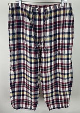 Vintage 90s Plaid Linen Easy Fit Capri Pants L Relaxed Elastic Ultra High Waist