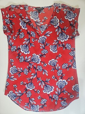 Express Floral Top Womens Size XS V-Neck Cold Shoulder Red Blue Flower Print