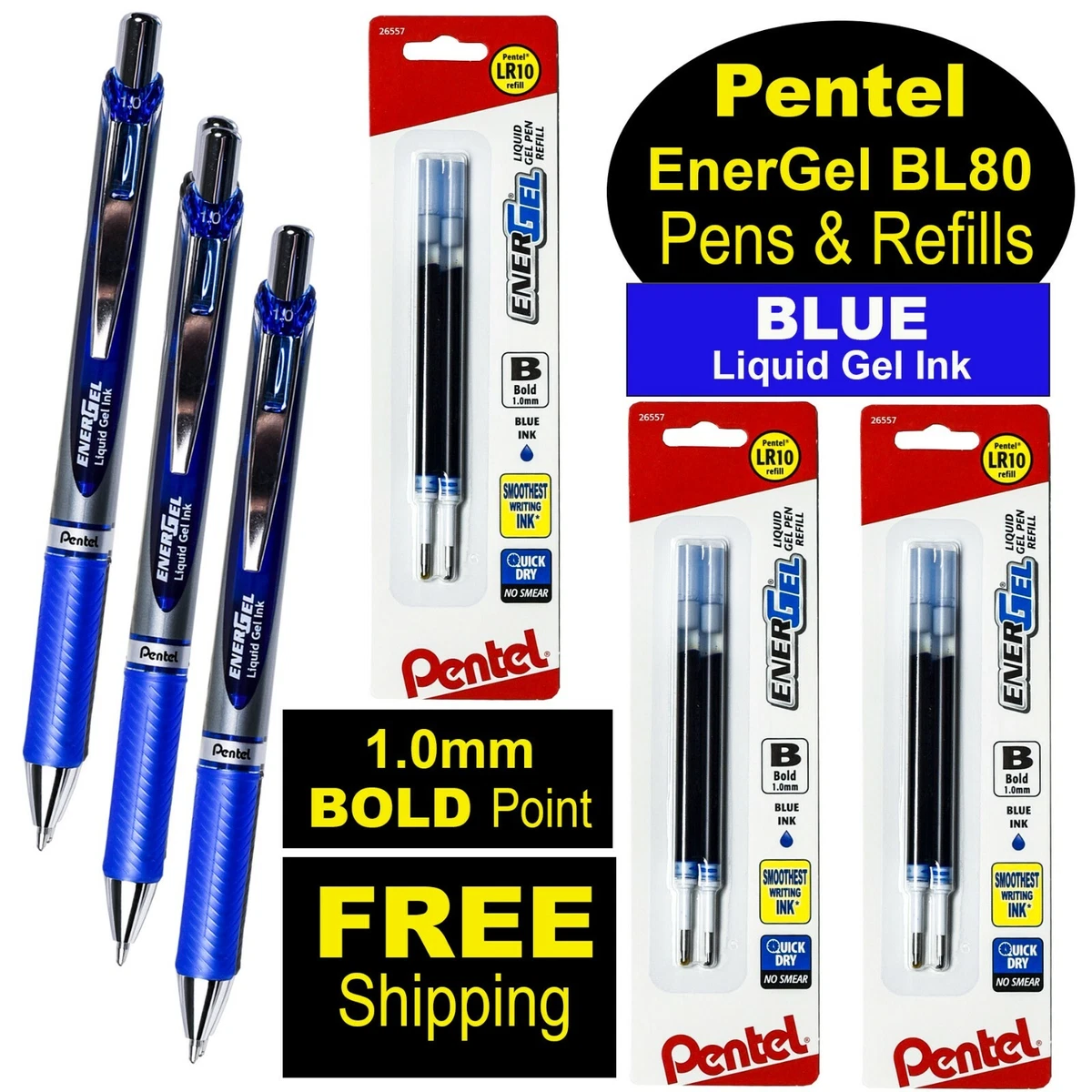 Pentel EnerGel BL80 C 1.0mm Bold Blue Liquid Gel Ink 3 Pens with 3 Pk Refills