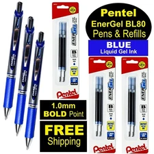 Pentel EnerGel BL80-C 1.0mm Bold, Blue Liquid Gel Ink, 3 Pens with 3 Pk Refills