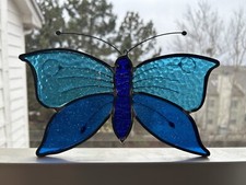 Vintage Blue Stained Glass Butterfly Sun Catcher Wall Art Figure