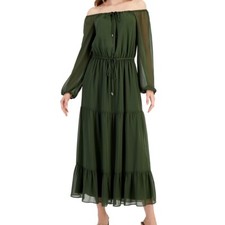 INC Womens Large Tiered Tie Waist Maxi Dress Off the Shoulder Costa Green Sheer