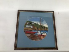 Framed long stitch Greek Mediterranean fishing village on hill port boat seaside