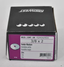 Lot of 100 Midwest Fasteners Fender Washers 3/8" x 2" Zinc Plated 08225