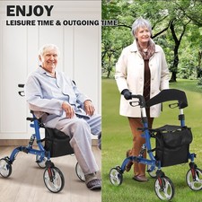 Seniors 2-in-1 Rollator Walker Wheelchair Lightweight Collapsible 12in Wheels