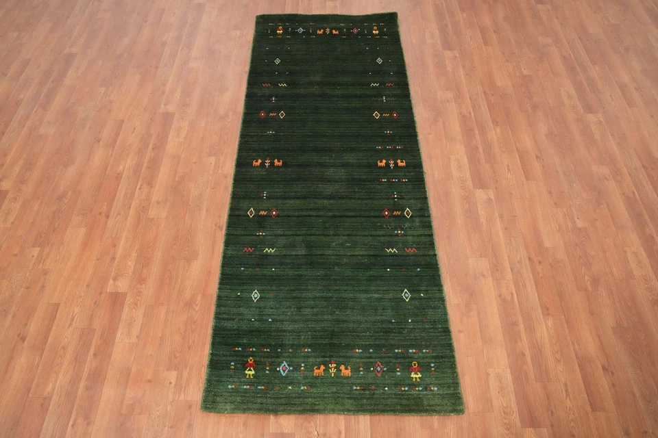 Handmade Green Gabbeh Runner Rug 3x7 Ft Tribal Oriental Silk Carpet for Hallway - Image 4 of 4