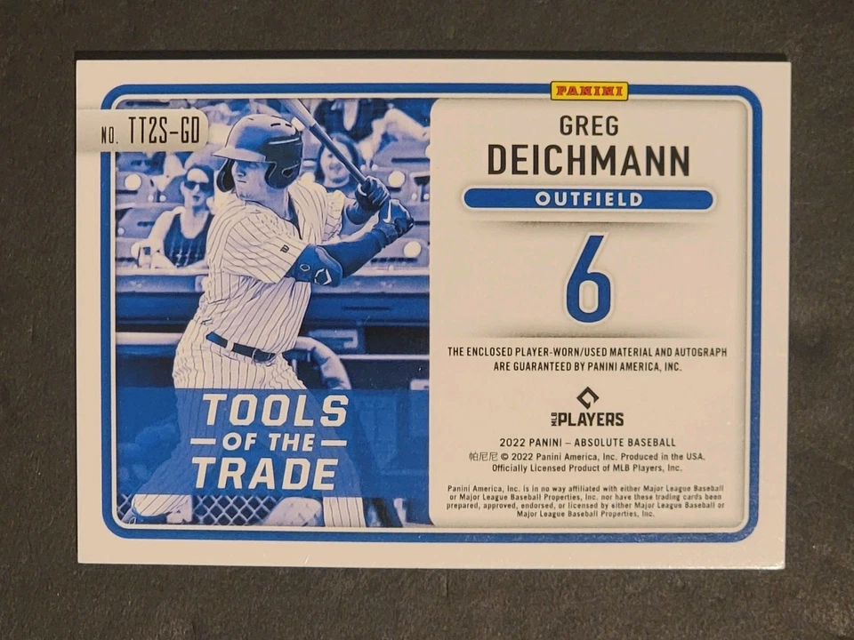 2022 Panini Absolute Baseball Greg Deichmann RC Dual Patch Auto /99 #TT2S-GD - Image 2 of 2