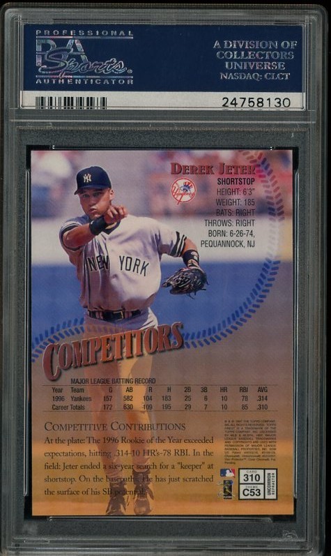 1997 Topps Finest Embossed Refractor Derek Jeter Yankees HOF PSA 10 GEM MINT view 2