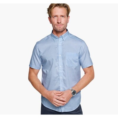 Johnston & Murphy Mens Sky Blue Geometric Grid Short Sleeve Shirt 74-9682 M NEW