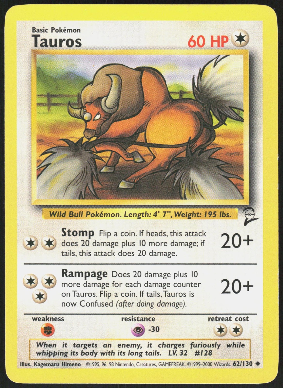 Base Set 2 Tauros 62/130 Uncommon Pokemon LP