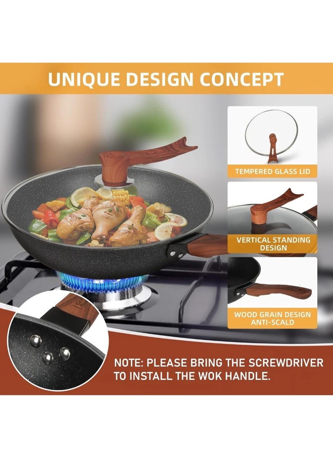13'' Nonstick Wok Woks & Stir-Fry Pans with Lid and Steamer Basket Spatula Ladle