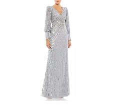 Mac Duggal NEW Silver Sequined Wrap Over Bishop Long Sleeve Gown $598 - Size 6