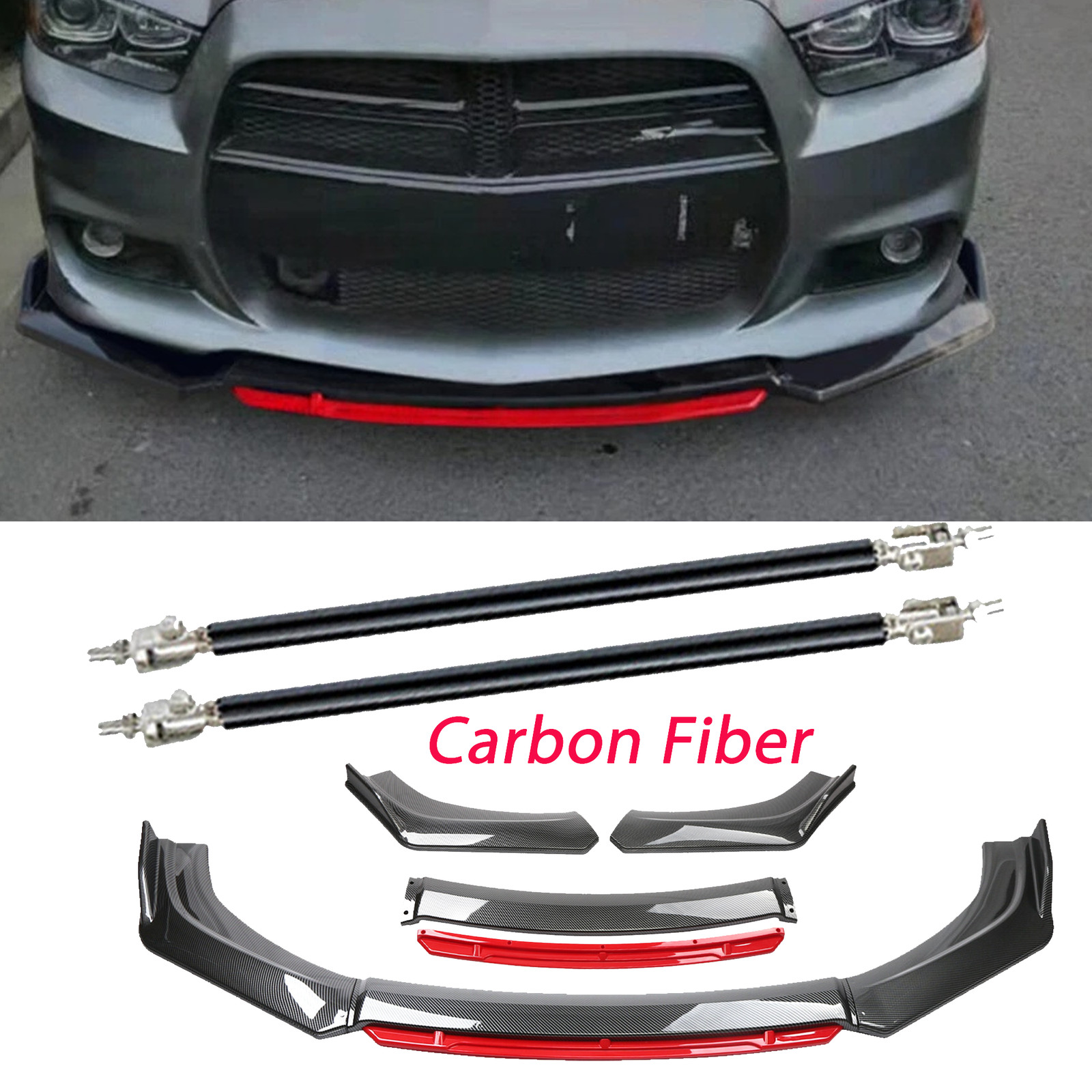 Carbon Red Front Bumper Lip Spoiler Splitter Strut Rods For Dodge Charger U