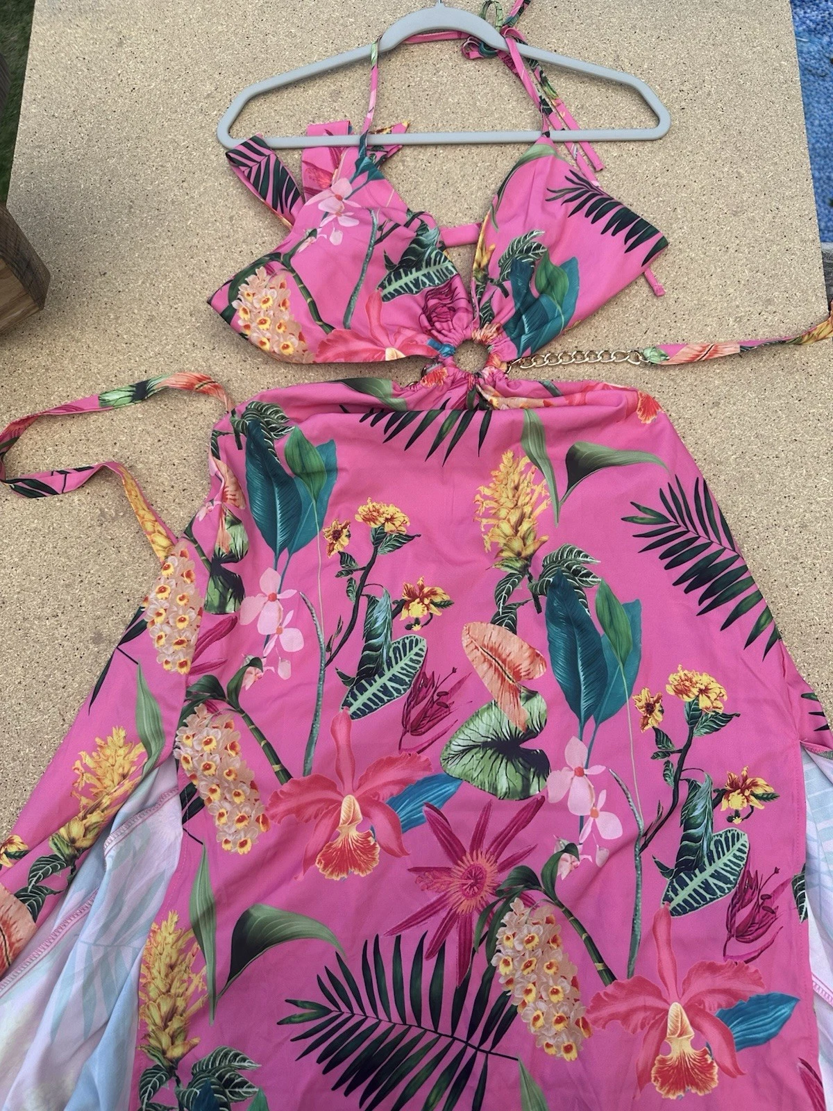 PALM ANGELS Maxi abito rosa floreale con reggicalze cintura in vita a catena taglia XL