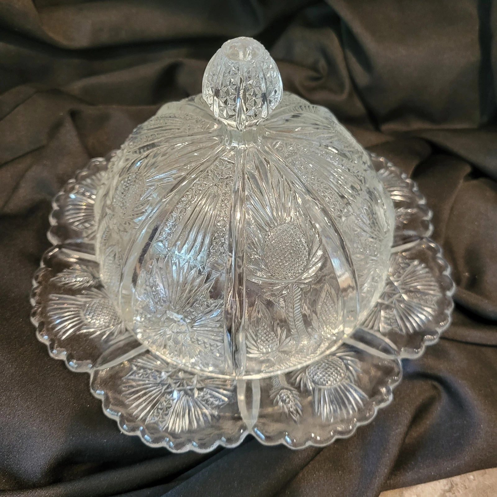Higbee 8 Panelled Thistle Domed Butter Dish 7.5 Inch Scalloped Edges