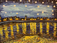 Oil painting 24x36 Starry Night Over the Rhone, water landscape, night sky,boats