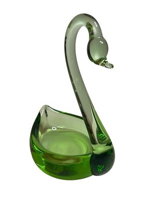 Vintage MCM Long Necked Swan Bird Green Heavy Blown Glass Trinket Dish Decor EUC
