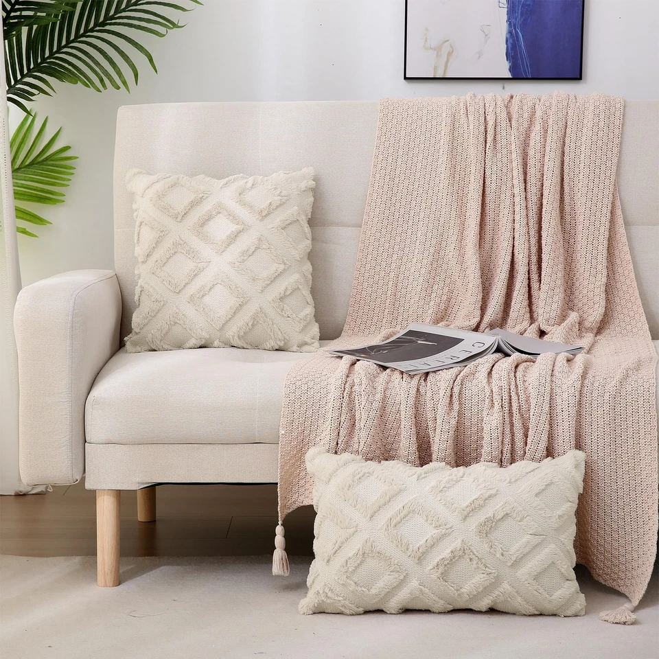 2er Set Boho Kissenbezug 45x45 Beige  Flauschig Zierkissen Kissenbezüge in Wo... - Bild 2 von 4
