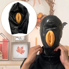 Black Latex Hood Rubber Mask with false Vaginal for Cosplay Fetish Party BDSM