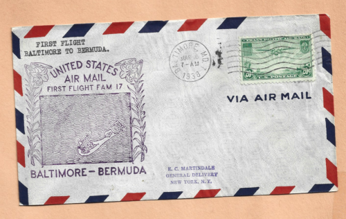 C21 FIRST FLIGHT FAM 17 BALTIMORE MD TO BERMUDA MAR 16,1938 - 第 1/2 張圖片