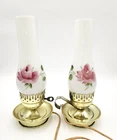 2 vintage Milk Glass Lantern Hurricane Side Table Lamp Floral brass roses pink