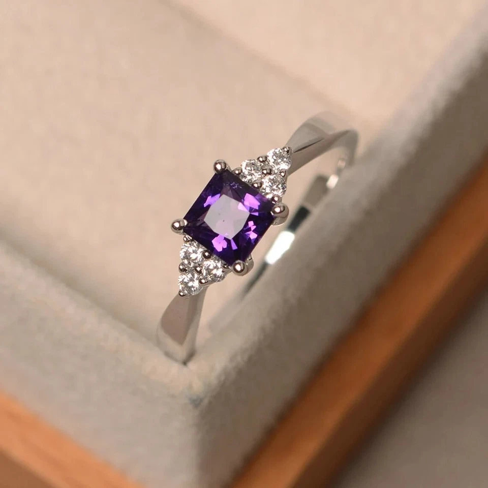 Natural Amethyst Women Ring Princess Cut Gemstone 925 Sterling Silver Ring - Image 2 of 4