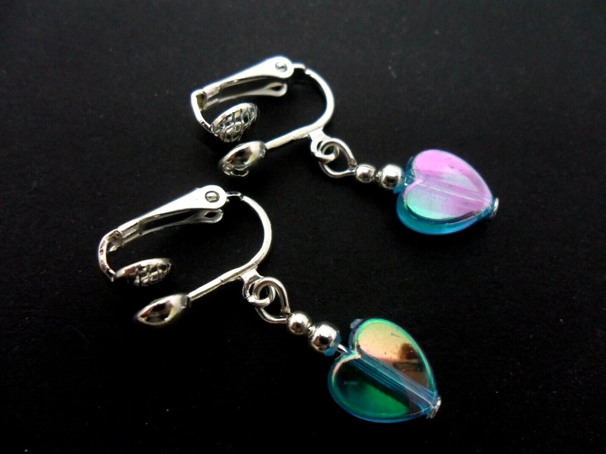 Handmade Silver Plated Dangle Clip-On Earrings – Blue/Pink Crackle Bead Drop Earrings (New, UK Made)