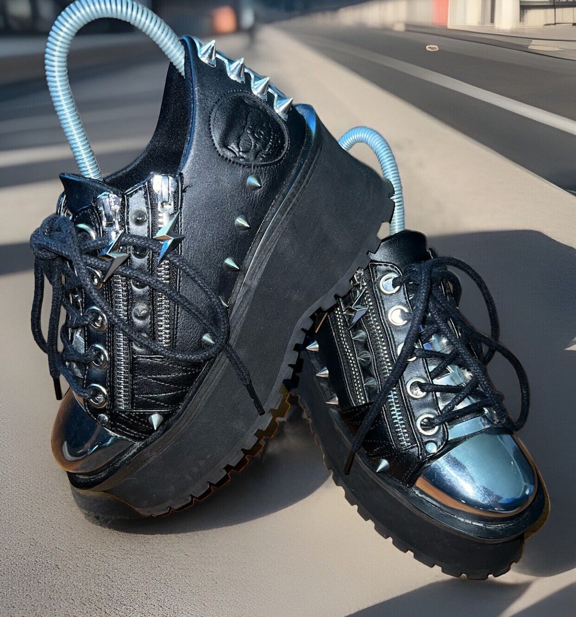 Demonia 3/4” Platform Black Metal Toe Cap Shoes Gravedigger Sz