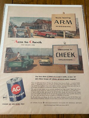 Vintage 1958 AC Oil Filter From Arm, Mississippi To Cheek, Oklahoma ad