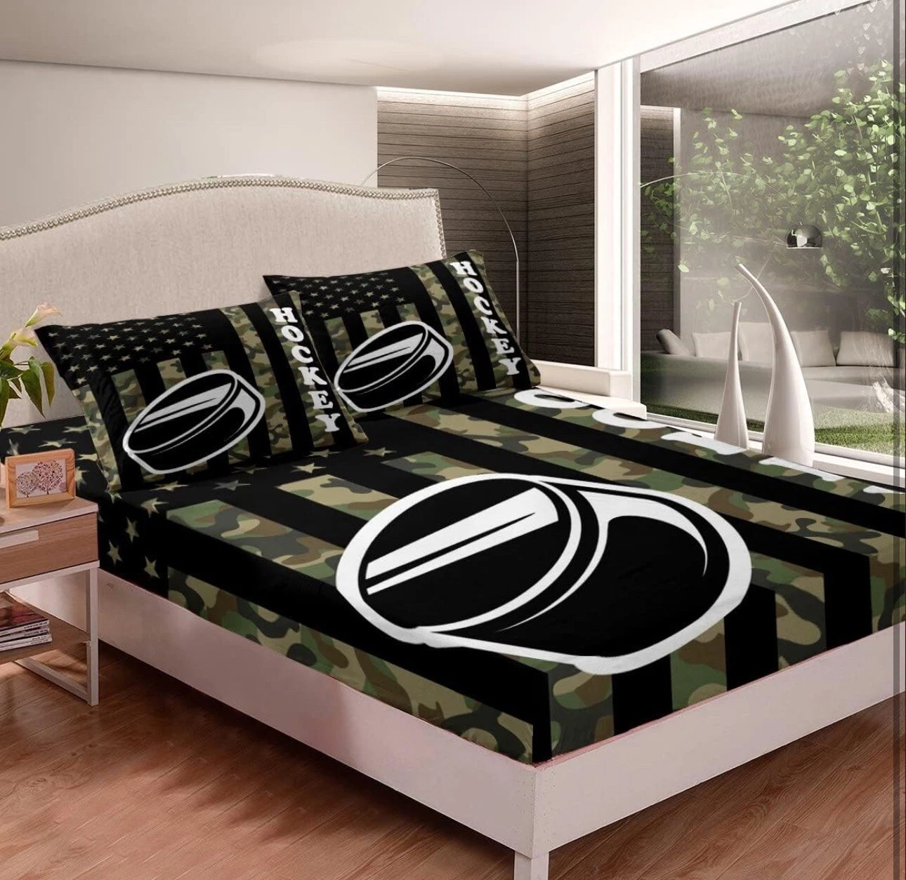 Ice Hockey Full Size Bedding Sheet Set Camouflage Puck Design Pillow Cases