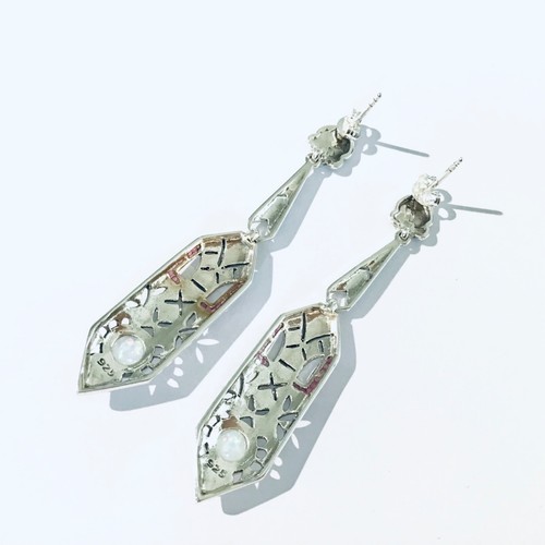 Sterling silver Art Deco Style Geometric Ruby Fire Opal Long Dangle Earrings 6cm - Picture 6 of 7