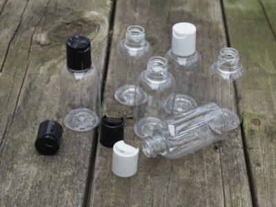 2 OZ. PLASTIC Clear Boston Round  Bottles with white Dispensing  caps  10 PACK