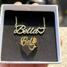 Customized Name Jewelry Set Necklace Ring Heart Gold Silver Stainless Steel Gift