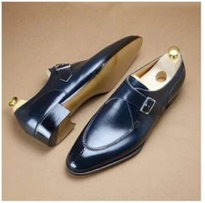 Handmade Men Navy Blue Monk Shoes, Men Formal Dress Shoes, Monk Shoes for Men
