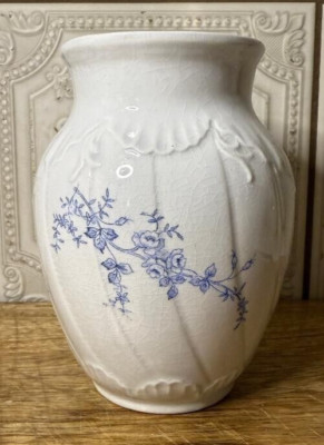 TEPP Co White Toothbrush Holder Vase Blue Floral Transferware Vanity Cup VTG