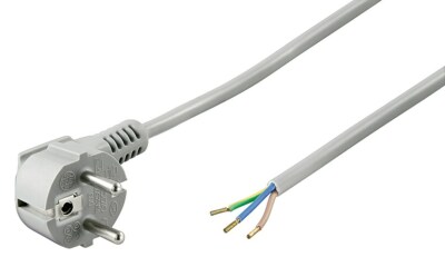 2m Netzkabel Stecker 90° gewinkelt TypF CEE7/7 > 3 lose Kabelenden grau