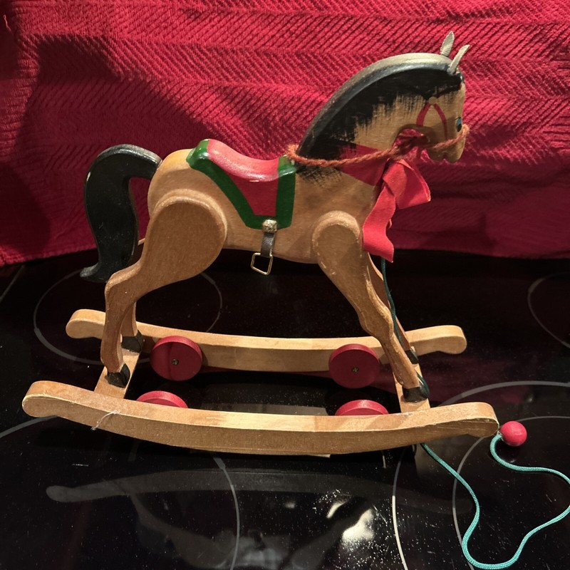VTG Rare 60-70s Handcrafted Solid Painted Wood Rocking Horse Pull Toy 11”x12”