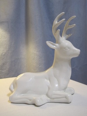 White Porcelain Deer Figurine Young Stag Roebuck Fine China Decor Glossy Ceramic