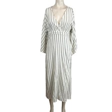 Billabong Womens Small Midi Dress White Black Stripe V Neck Long Sleeve Belted