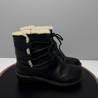 UGG Australia Mini Boots Women 7 Black Leather Shearling Lined Cozy Casual