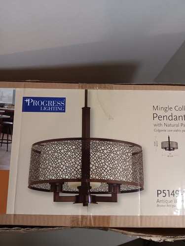 Progress 3-Bulb Drum-Style PENDANT LIGHT w/ Natural Parchment Glass Shade - Picture 7 of 7