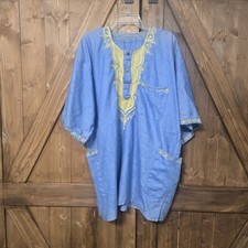 Vintage Blue Embroidered Dashiki Tunic Kaftan African Shirt Pockets 31" Long